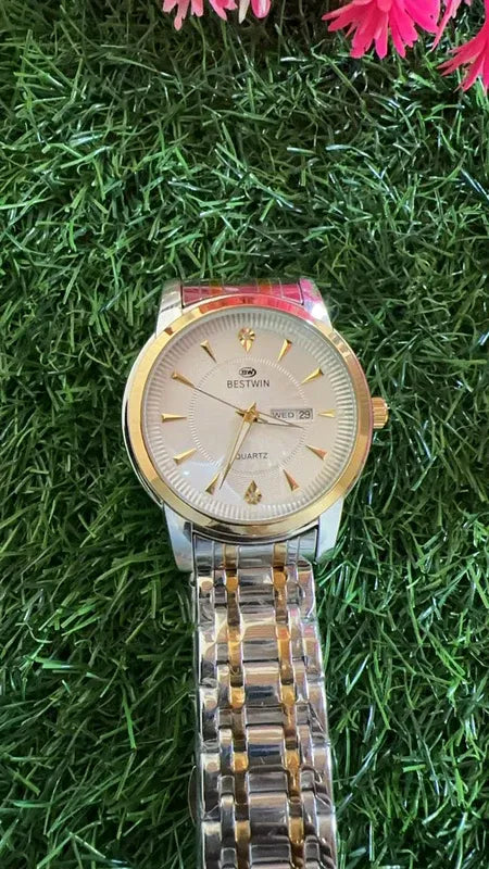 🤍 BestWin Jubilee – Gold & Silver + White Dial | Waterproof| Aurix