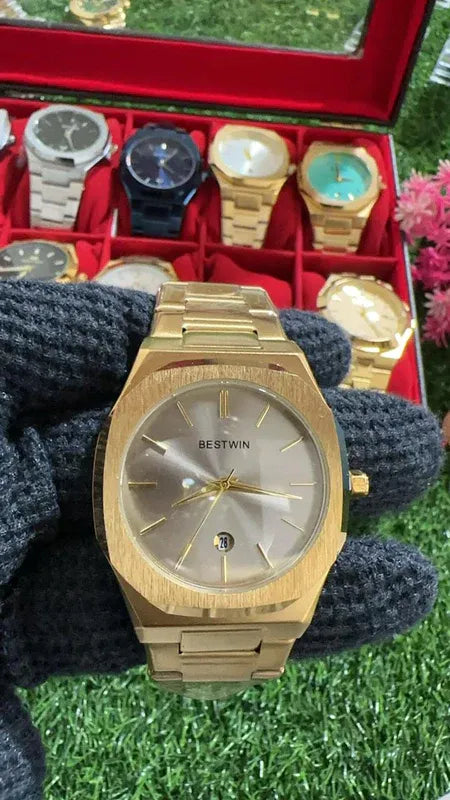 🟨 BestWin Watch – Gold + Grey | Waterproof | Aurix