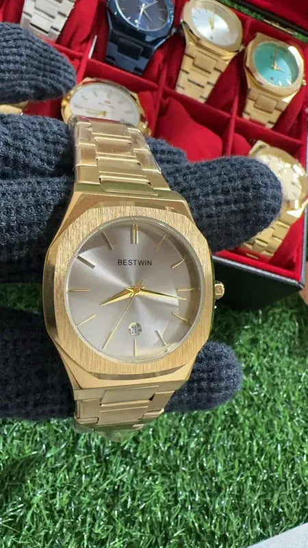 🟨 BestWin Watch – Gold + Grey | Waterproof | Aurix
