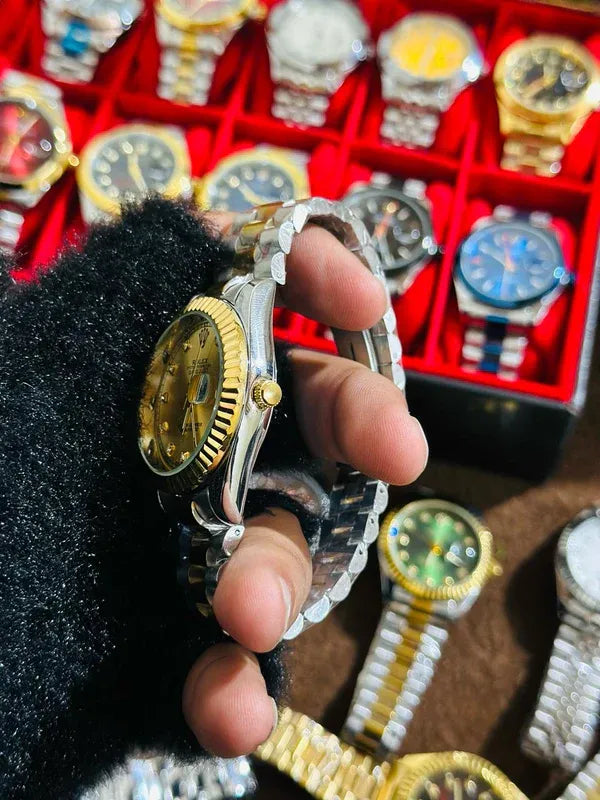 ✨Gold Silver + Gold Dial (Bezel Cut) | | Waterproof Day Date |  Stainless Steel | Aurix