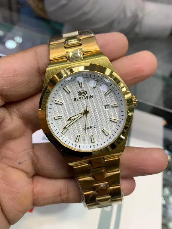 🤍 Premium BestWin Watch – Gold + White| Waterproof | Aurix