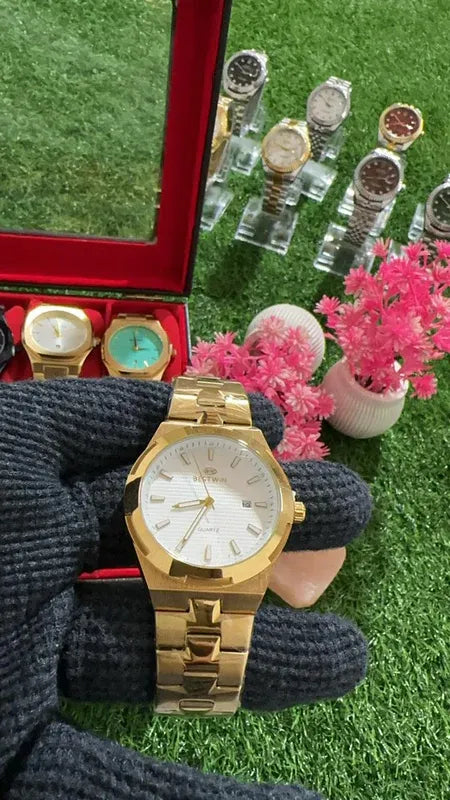 🤍 Premium BestWin Watch – Gold + White| Waterproof | Aurix