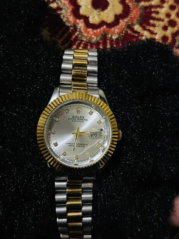 🤍 Gold & Silver + White Dial (Bezel Cut) | Waterproof | Stainless Steel | Aurix