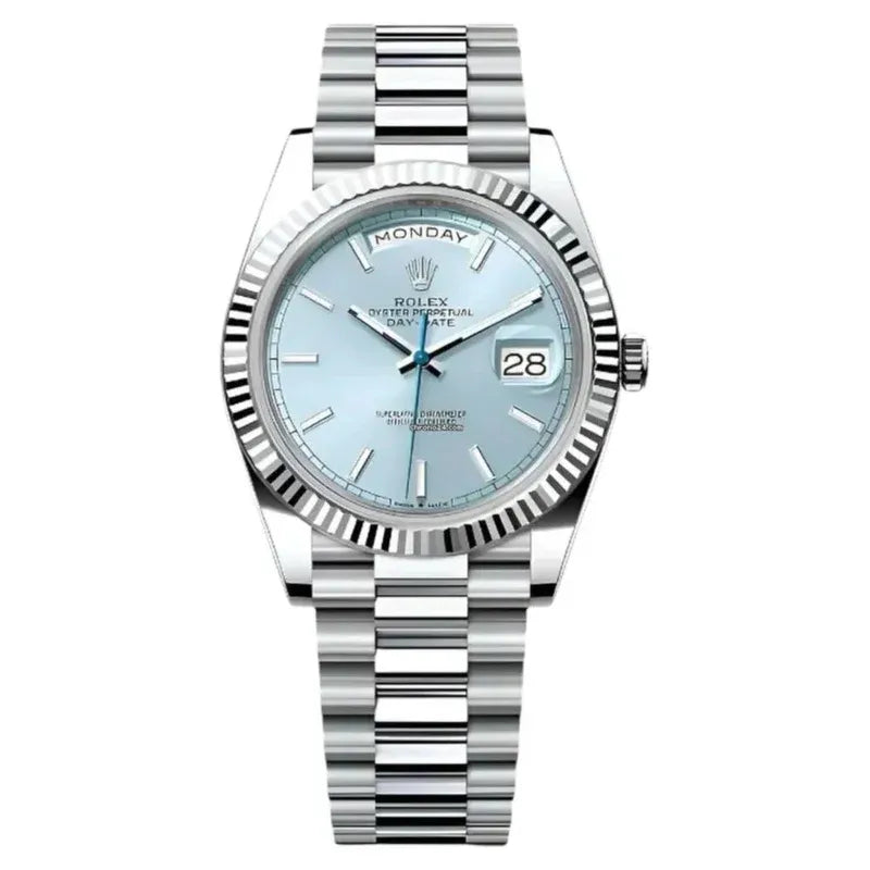 Rolex Day-Date 40mm Watch – Ice Blue Dial, Fluted Bezel | Waterproof | AUrix