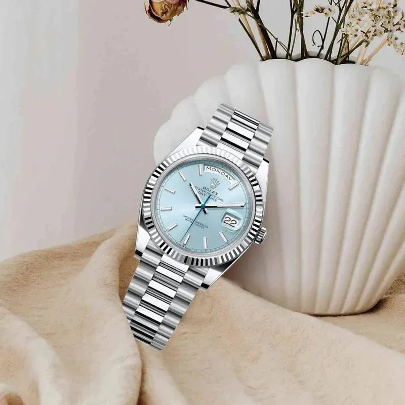 Rolex Day-Date 40mm Watch – Ice Blue Dial, Fluted Bezel | Waterproof | AUrix