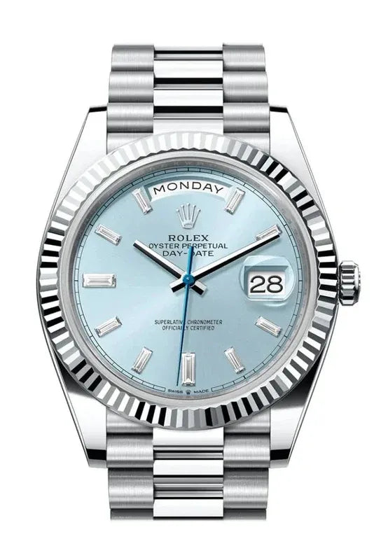 Rolex Day-Date 40mm Watch – Ice Blue Dial, Fluted Bezel | Waterproof | AUrix