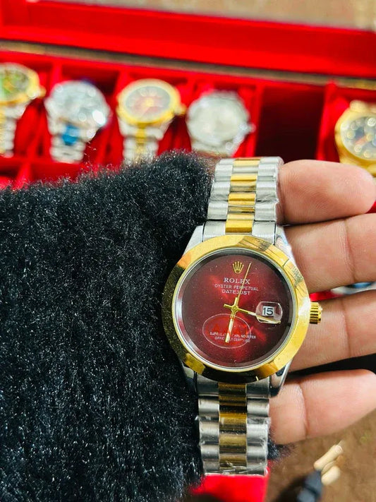 🔴 Gold & Silver + Red Dial (Plain) | Waterproof | Stainless Steel | Aurix