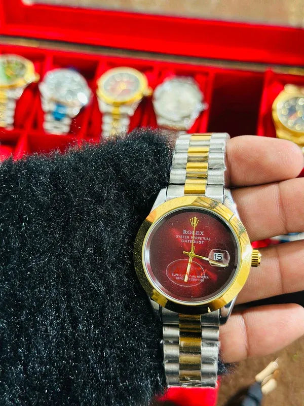 🔴 Gold & Silver + Red Dial (Plain) | Waterproof | Stainless Steel | Aurix