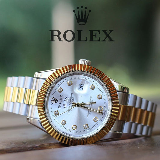 🤍  Gold & Silver + White Dial (Bezel Cut)| Day & Date | Waterproof | Stainless Steel | Aurix