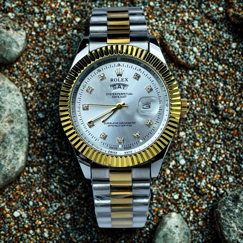 🤍  Gold & Silver + White Dial (Bezel Cut)| Day & Date | Waterproof | Stainless Steel | Aurix