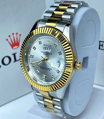 🤍  Gold & Silver + White Dial (Bezel Cut)| Day & Date | Waterproof | Stainless Steel | Aurix