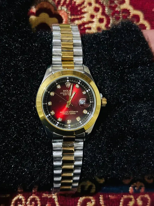 🔴 Gold & Silver + Red Dial | Waterproof | Stainless Steel | Aurix