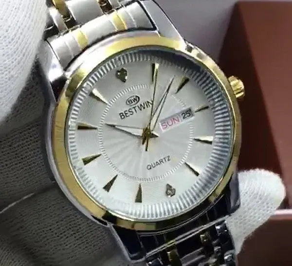 🤍 BestWin Jubilee – Gold & Silver + White Dial | Waterproof| Aurix