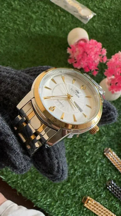 🤍 BestWin Jubilee – Gold & Silver + White Dial | Waterproof| Aurix