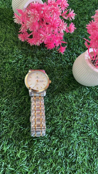 🤍 BestWin Jubilee – Gold & Silver + White Dial | Waterproof| Aurix