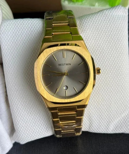 🟨 BestWin Watch – Gold + Grey | Waterproof | Aurix