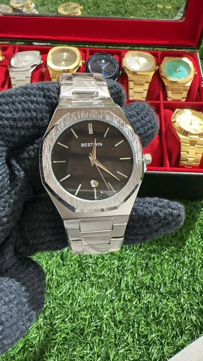 🖤 BestWin Watch – Silver + Black | Waterproof | Aurix