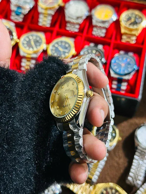 ✨Gold Silver + Gold Dial (Bezel Cut) | | Waterproof Day Date |  Stainless Steel | Aurix