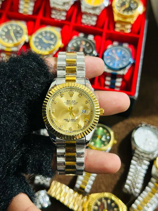 ✨Gold Silver + Gold Dial (Bezel Cut) | | Waterproof Day Date |  Stainless Steel | Aurix