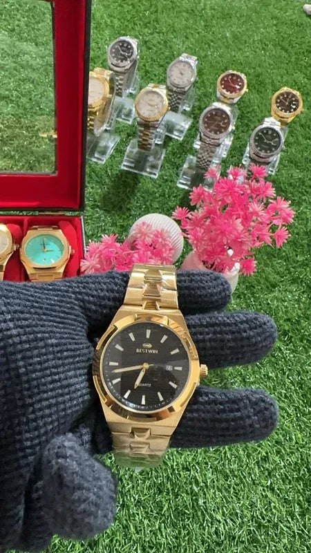 🖤 Premium BestWin Watch – Gold + Black | Waterproof| Stainless Steel | Aurix