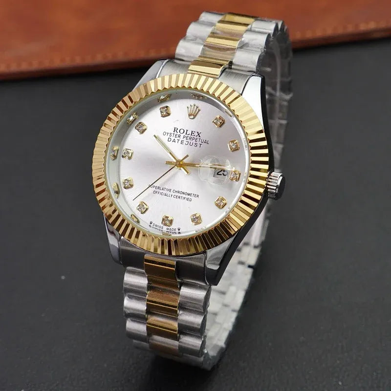 🤍 Gold & Silver + White Dial (Bezel Cut) | Waterproof | Stainless Steel | Aurix