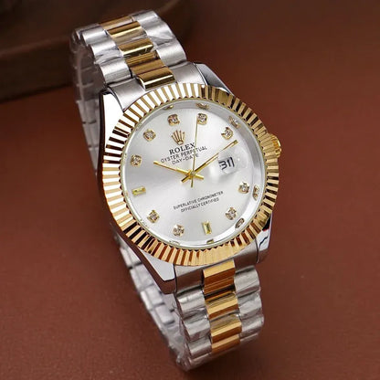 🤍 Gold & Silver + White Dial (Bezel Cut) | Waterproof | Stainless Steel | Aurix