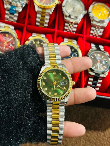 💚  Gold Silver + Green Dial (Bezel Cut) | Waterproof| Stainless Steel | Aurix