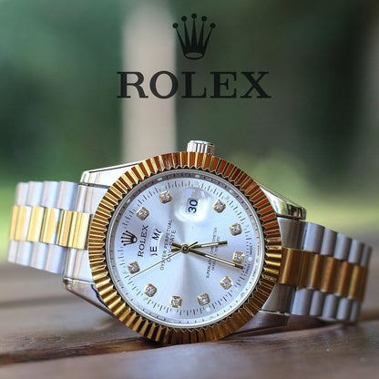 🤍  Gold & Silver + White Dial (Bezel Cut)| Day & Date | Waterproof | Stainless Steel | Aurix