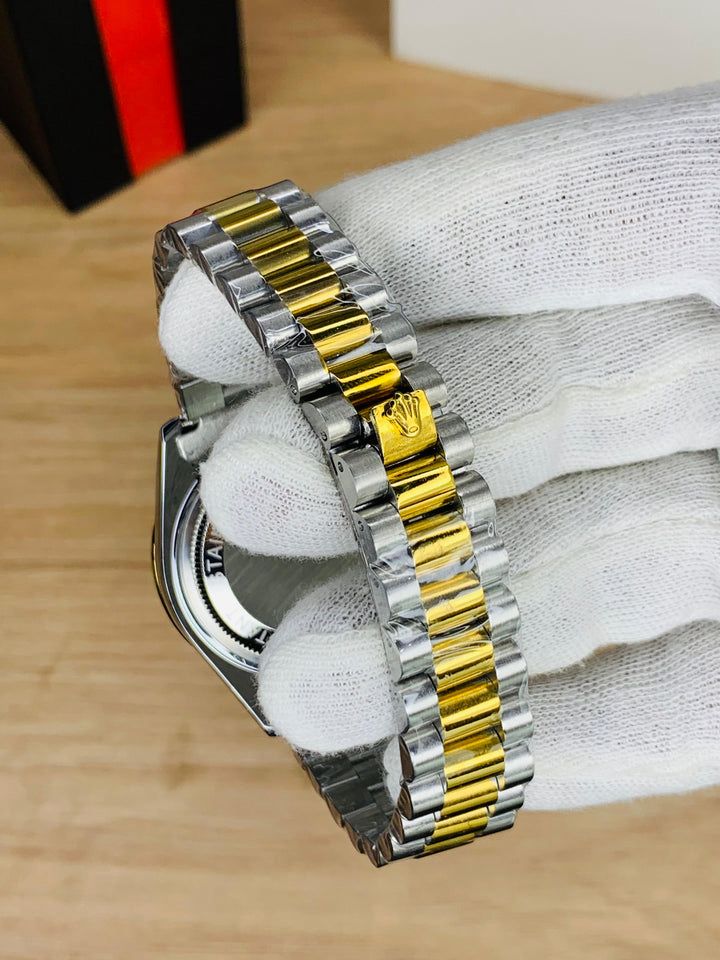 🤍  Gold & Silver + White Dial (Bezel Cut)| Day & Date | Waterproof | Stainless Steel | Aurix