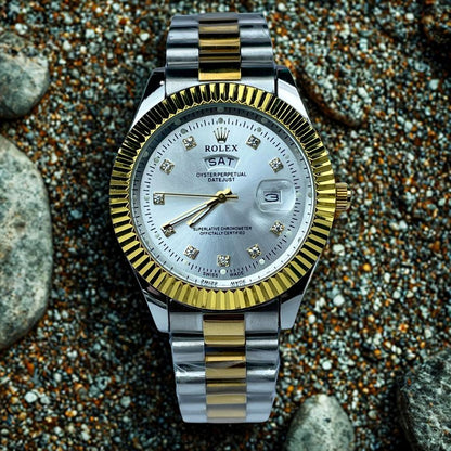 🤍  Gold & Silver + White Dial (Bezel Cut)| Day & Date | Waterproof | Stainless Steel | Aurix